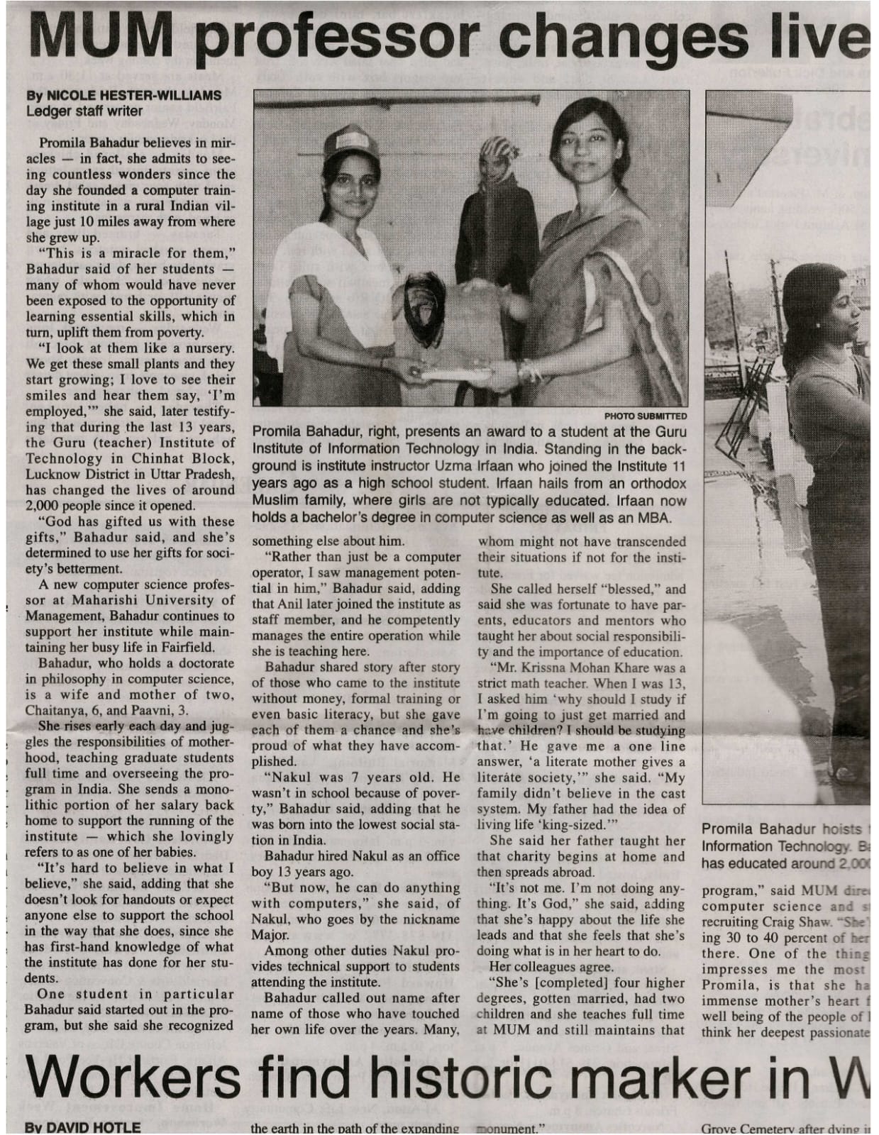 MUM professor changes lives - newspaper article